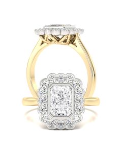 A beautiful radiant cut diamond halo in 18ct yellow & white gold