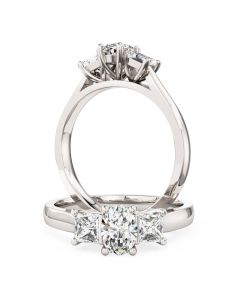 A stunning oval and princess cut three stone diamond ring in platinum