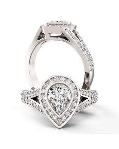 A breathtaking pear shaped diamond ring with shoulder stones in 18ct white gold