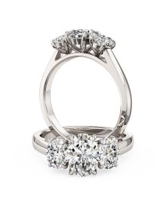 A dazzling oval diamond three stone ring in 18ct white gold