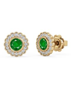 A beauitiful pair of round emerald and diamond halo earrings in 18ct yellow gold