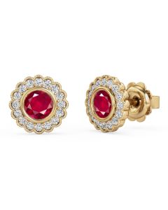 A beauitiful pair of round ruby and diamond halo earrings in 18ct yellow gold