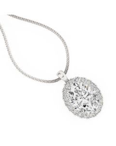 A stunning oval cut diamond halo pendant in 18ct white gold