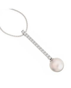 A beautiful 8/8.5mm white pearl and diamond drop pendant in 18ct white gold (In stock)
