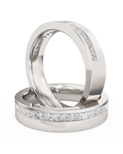 A breathtaking offset princess cut diamond ladies wedding ring in platinum