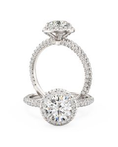 A stunning round brilliant cut diamond halo in platinum